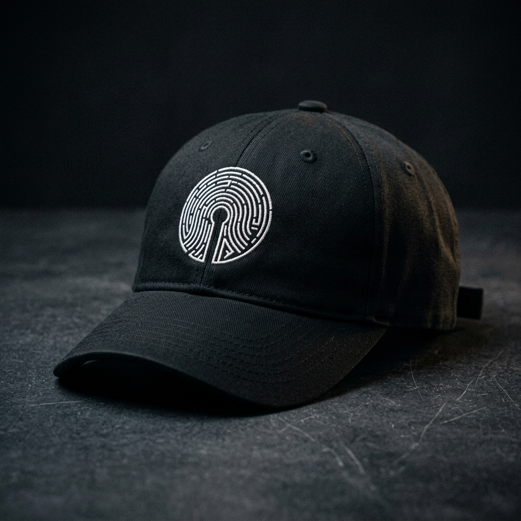 Black cap with the Natural Drug Odyssey maze logo embroidered in white