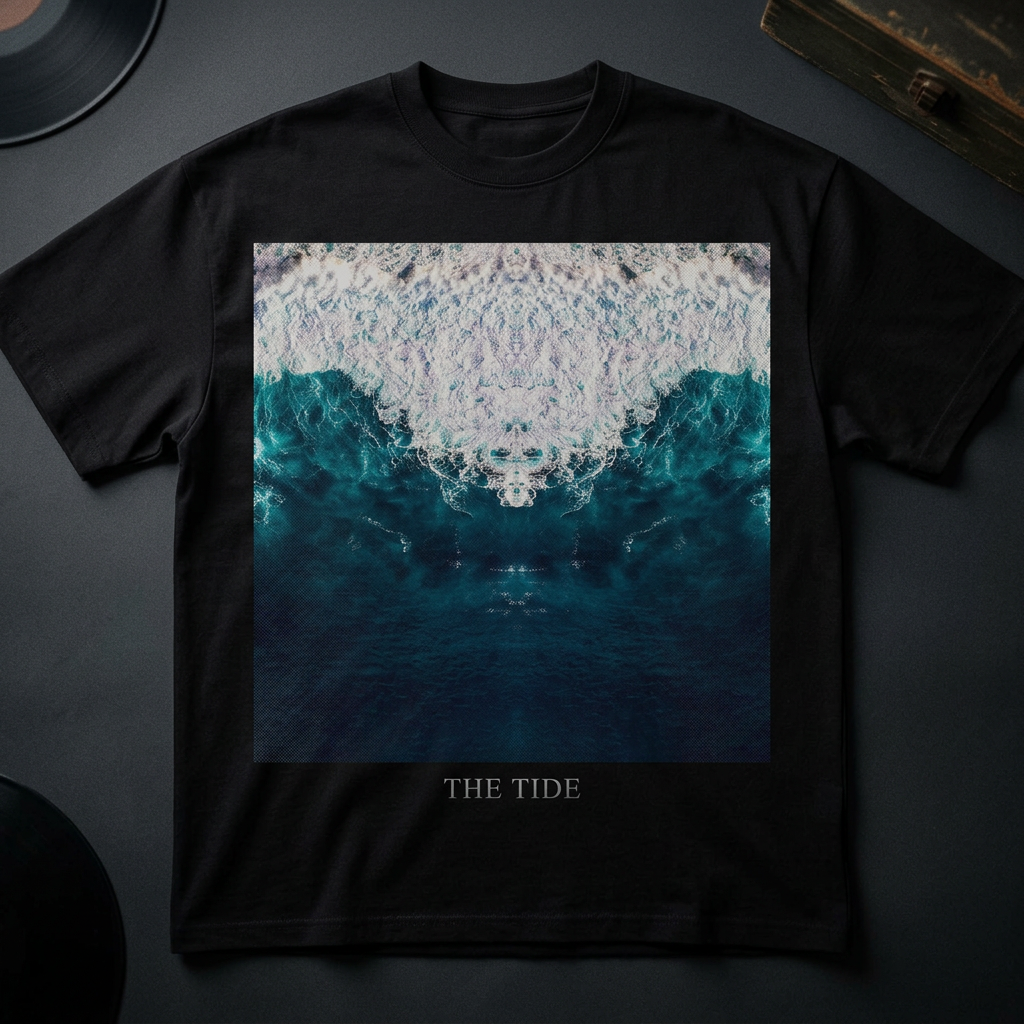 Black T-shirt with The Tide ocean-wave cover printed on the chest